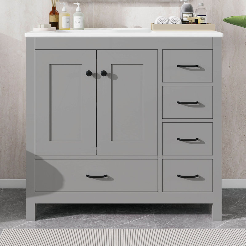 36" Bathroom Vanity With Sink, Bathroom Sink Cabinet With 5 Soft-Close Drawers And 2 Soft-Close Doors, Gray