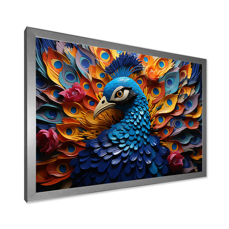 Plumes de paon royal III, H 16 po x l 32 po x P 1 po, Cadre photo argenté