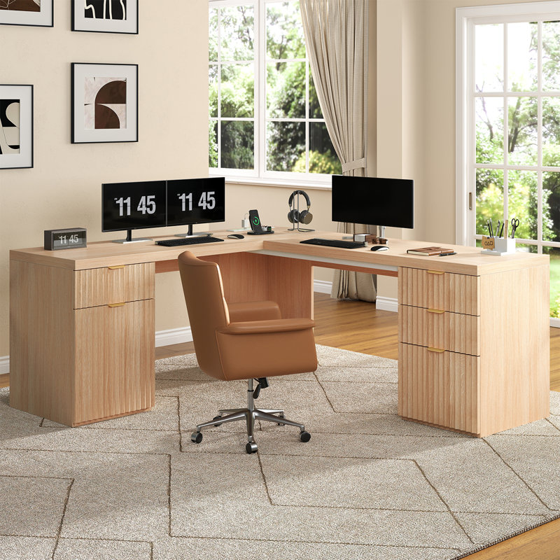 Bureau de direction en L 68,9 pouces avec station de charge, bureau d'angle cannelé moderne avec tiroir classeur et armoire de rangement, bureau personnel en bois, bureau d'ordinateur, bureau en chêne naturel