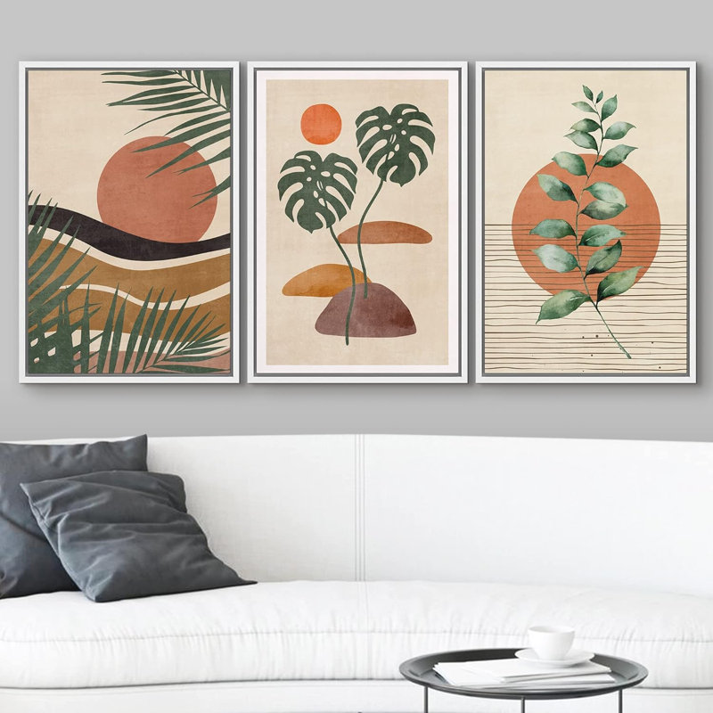 " Boho Mid-Century Tropical Plant Collage Abstract Shapes Modern Art Decor Minimal Relax/Zen " 3 - Pieces, Blanc