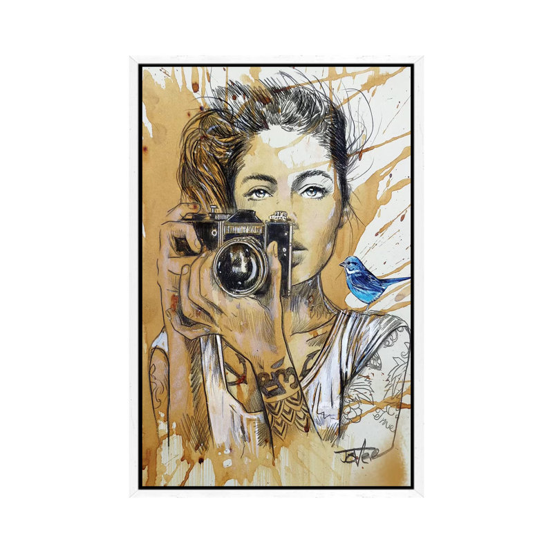 Bluebirds by Loui Jover - Painting on Canvas, 66.04cm H x 45.72cm W x 3.81cm D, White Floater Framed