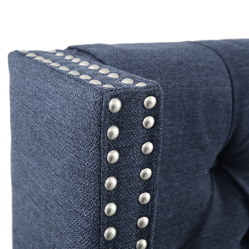 Upholstered Headboard For Queen, Button With Double Nailhead Trim, Navy Upholstery, Adjustable Black Metal Legs Queen Bed Tufting And Height,