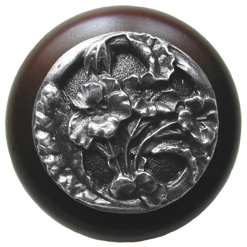 Poignée champignon floral de 1,5 po de diamètre, Étain antique / bois de noyer foncé
