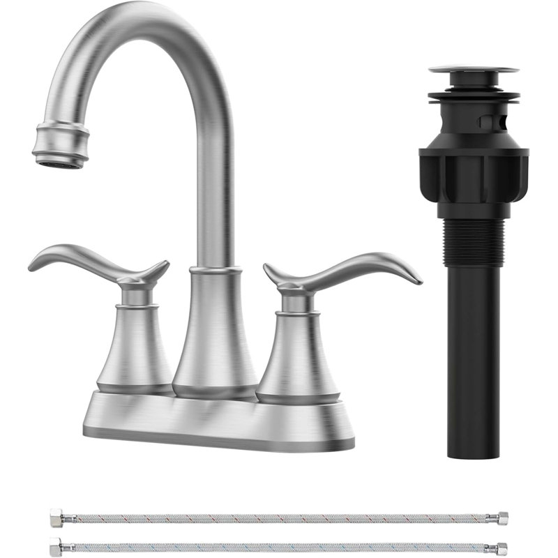Bathroom Faucet With Pop-Up Drain & Supply Hoses 2-Handle 360 Degree High Arc Swivel Spout Centerset 4 Inch Vanity Sink Faucet