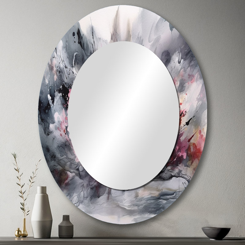 Evolving In Pink Grey Gray Ink II - Miroir décoratif abstrait ovale sur métal, 43 po x 33 po
