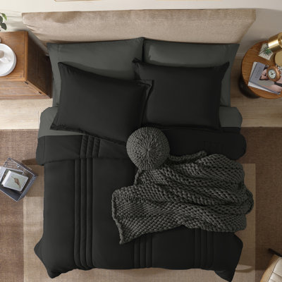 Oversized King Size Comforter Set-7 Pieces Bed in a Bag King Bedding Sets Monbix All-Season Vertical Quilted Comforter with Sheets, Pillow Shams & Pillowcases, Black