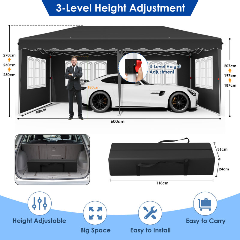 20 Ft. W x 10 Ft. D Steel Pop-Up Canopy, Black