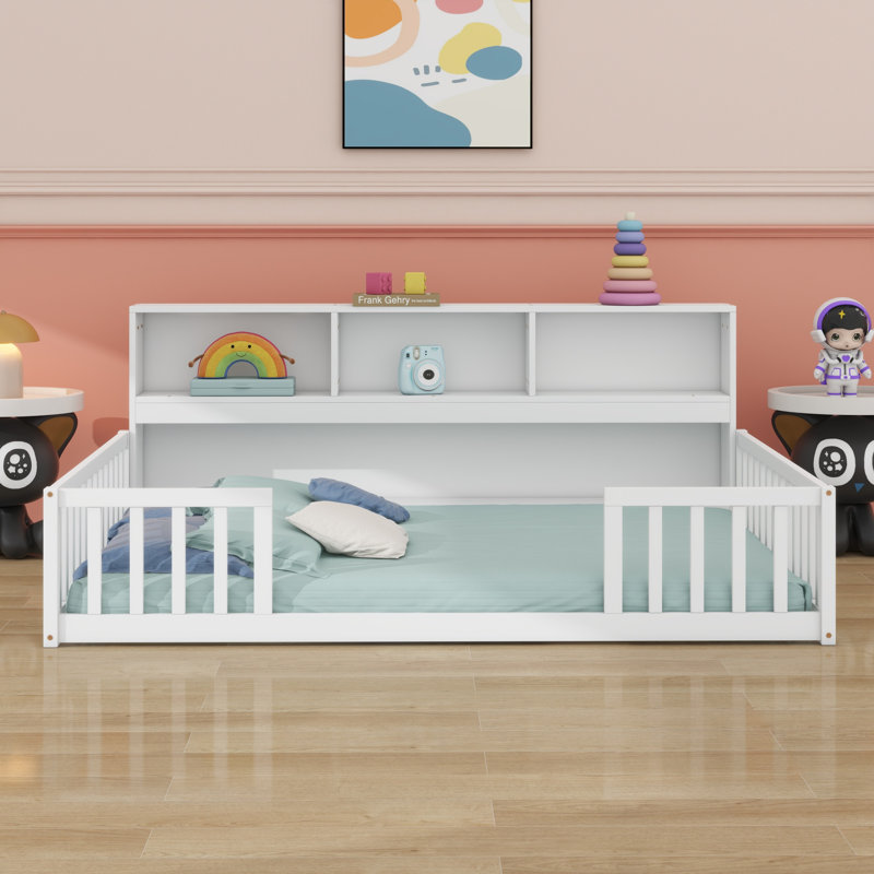 Floor Bed With Side Bookcase,Shelves,Guardrails, White