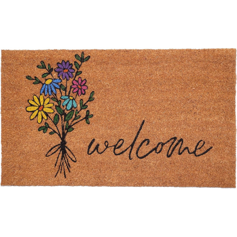 17" X 29" Brown Black And Green Floral Bouquet Welcome Outdoor Coir Door Mat