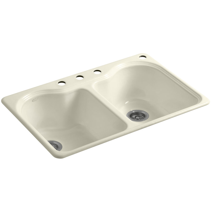 Hartland 33" L x 22" W x 9-5/8" Double Basin Drop-In Kitchen Sink, Cane Sugar, 4 Hole