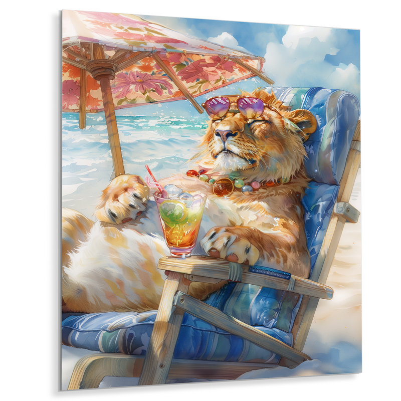 «Lion Relaxing On The Beach I - Coastal Animal», reproduction d'art mural, Métal métal, H 40 po x l 30 po x P 1,5 po