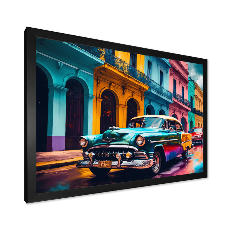 «Green and Yellow Retro Car Heritage», reproduction d'art sur toile rétro, Cadre photo noir, L 20 po x H 12 po
