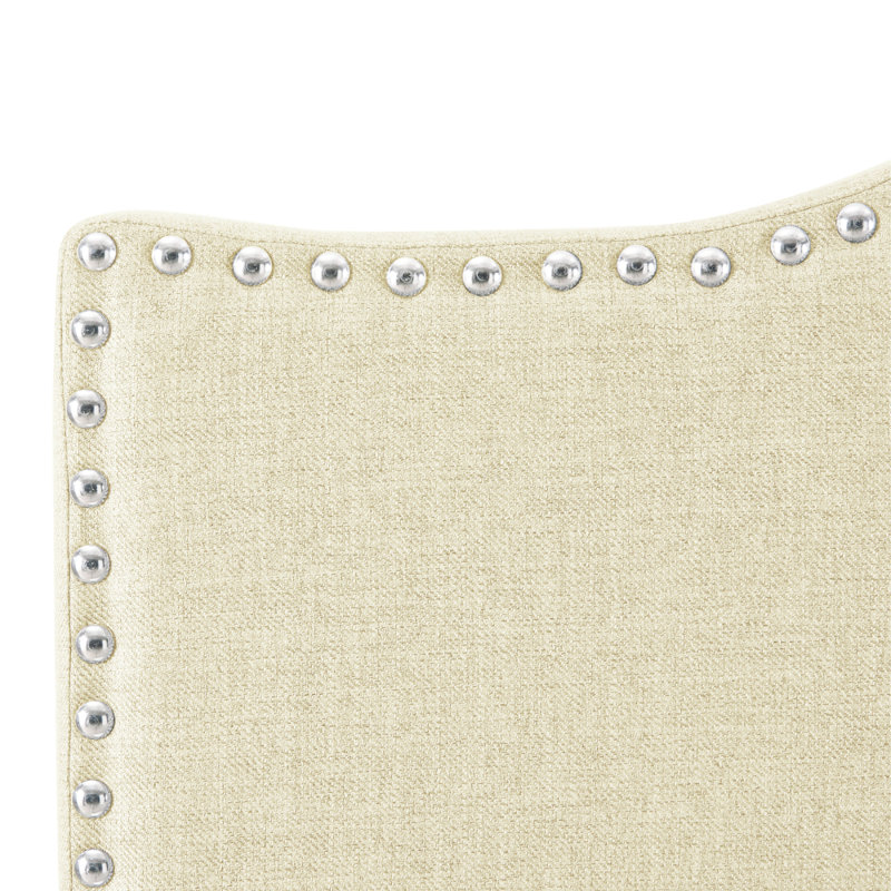Nailhead Trim Adjustable Upholstered Headboard in Linen Fabric, Metal Legs, Cream, Queen