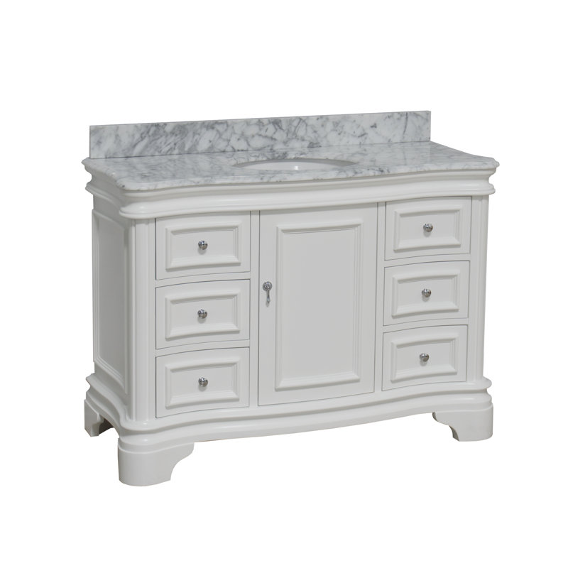 Ensemble de meuble-lavabo simple 48 po avec armoire blanche et comptoir en marbre de Carrare Twain, Blanc, Marbre de Carrare