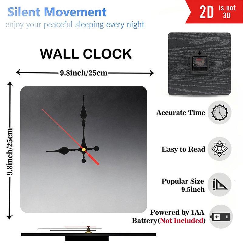 Horloge murale carrée en bois 10 po avec mouvement à quartz silencieux, Gris graphite