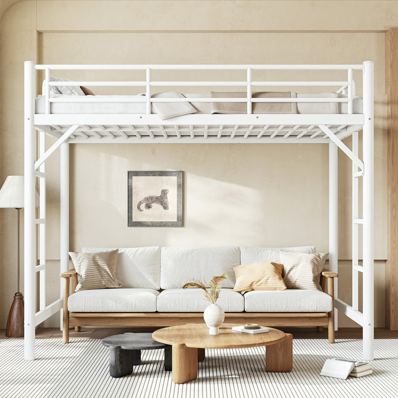 Lit mezzanine simple en métal de taille XL, lit mezzanine avec échelle facile à monter et garde-corps, blanc