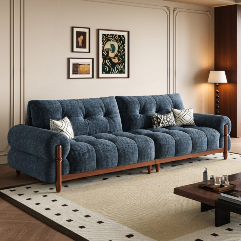 Retro Solid Wood Mid-Century Straight Sofa