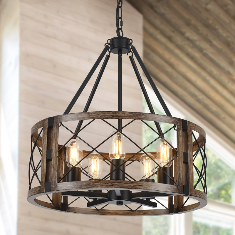 Lustre tambour 5 lumières à intensité variable Napeague, Noir / imitation grain de bois