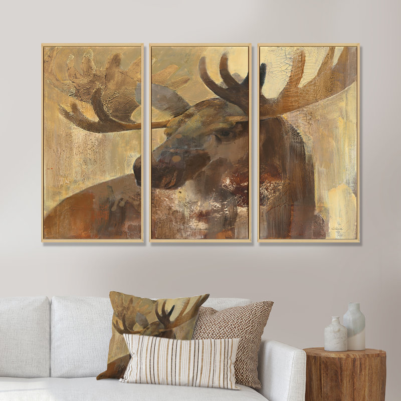 Into The Wild Gold Moose - Ensemble de 3 toiles d'art encadrées, H 32 po x l 48 po, Cadre brun