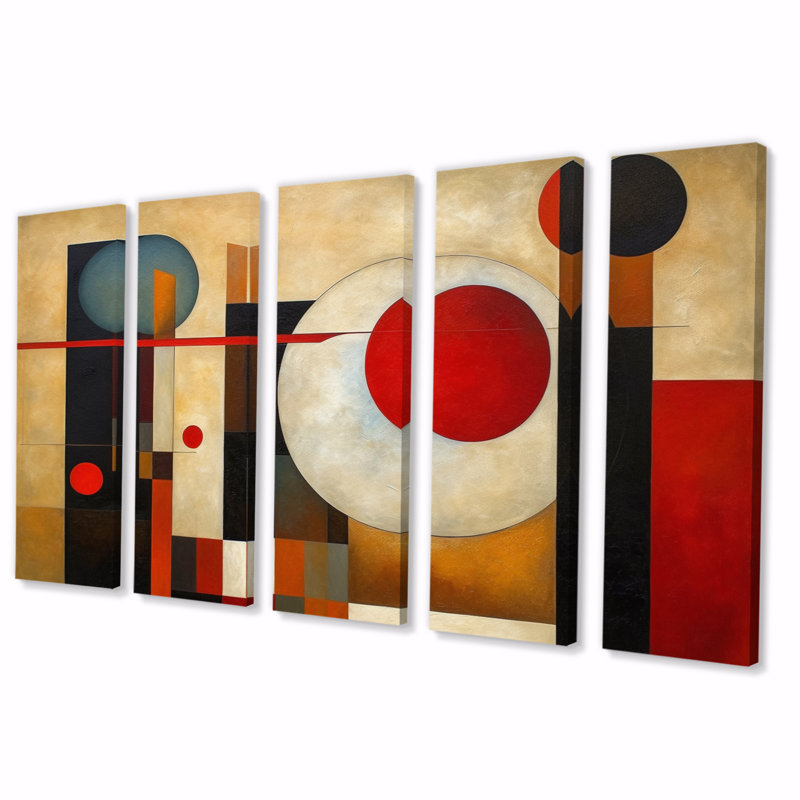 «Brown and Red Exploration Dimensions», reproduction d'art abstrait de formes abstraites - 5 panneaux égaux