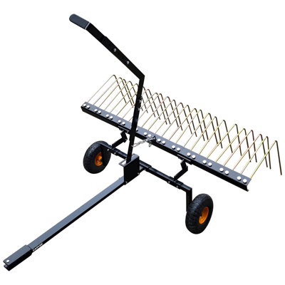 Râteau de pelouse 60 po - Râtelier de remorquage pour VTT, râteau de paille de pin avec poignée relevable et 24 dents en acier pour les feuilles, les aiguilles de pin, l'herbe