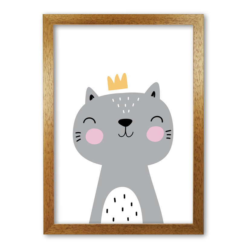 Grey Scandi Cat With Crown - Print, 42 cm H x 30 cm W x 5 cm D, Honey Oak Frame