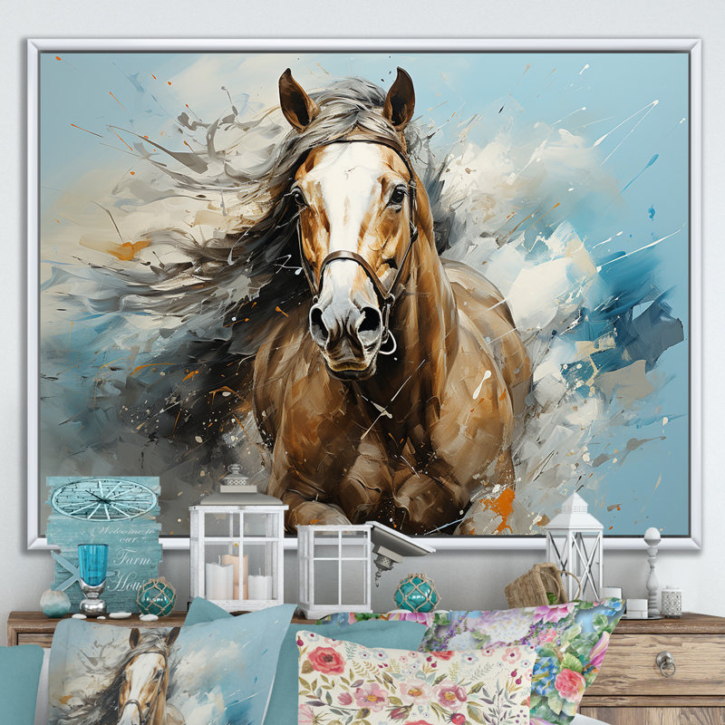 Cheval galopant fantaisiste sur toile, Cadre flottant blanc, H 12 po x l 20 po x P 1 po