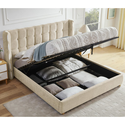 Lit plateforme de luxe avec vérin à gaz et grand rangement sous le lit, très grand lit gaufré à oreilles en chenille