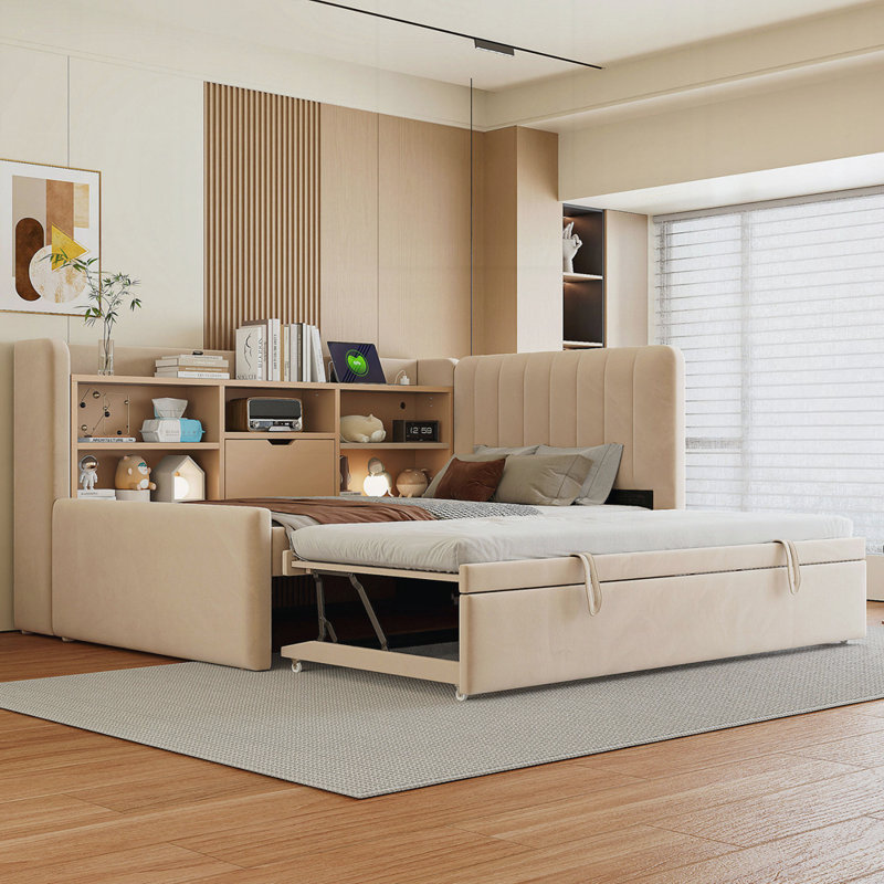 Lit de jour rembourré avec couchette, tablettes de rangement, Beige