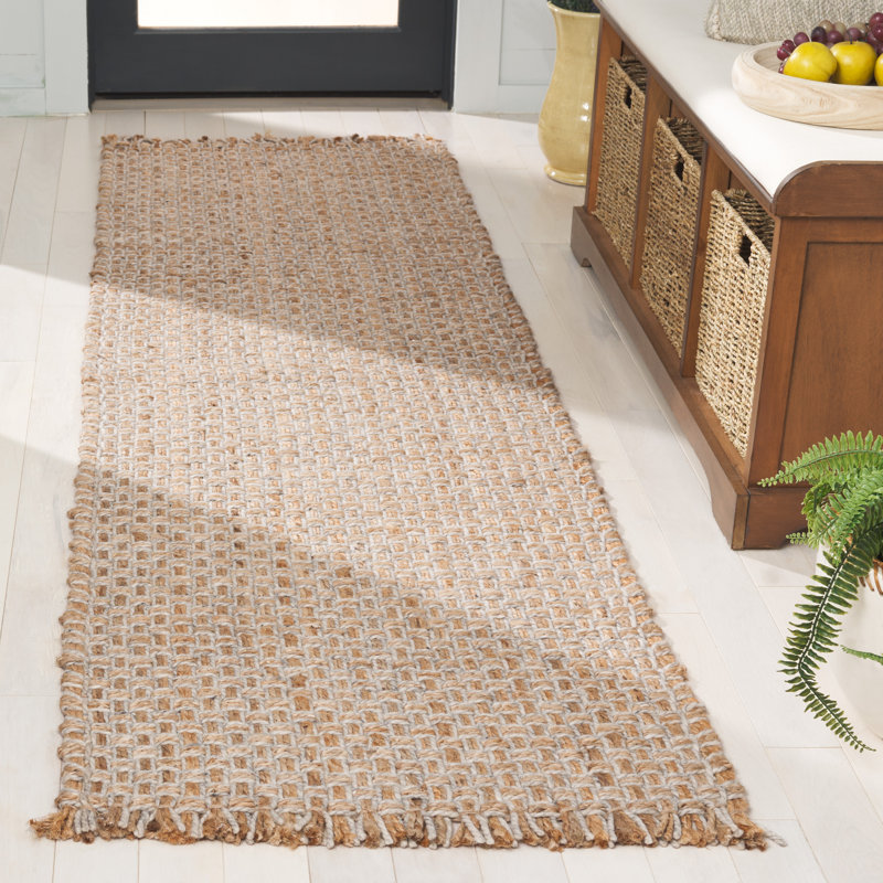 Tapis en jute / laine tissé à la main de couleur unie Khamis en ivoire / brun, Tapis de couloir 2 pi 3 po x 8 pi