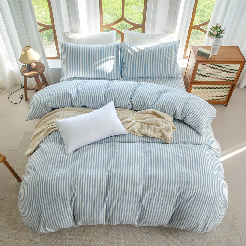 XINMIANFANG Striped Duvet Cover Set 100% Washed Cotton Linen Like Textured Bedding Set 3 Pcs Comforter Cover for All Seasons