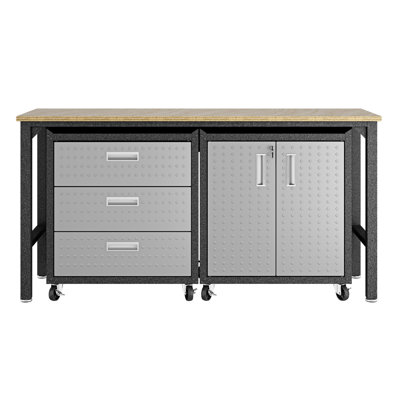 Fortress 72.4" W x 20.5 "D Workbench with Two Mobile Storage Cabinets in Dark Gray
