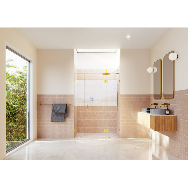 Cabine de douche à charnière en verre 3 panneaux sans cadre l 56 po x H 78 po Stellar, Laiton satiné