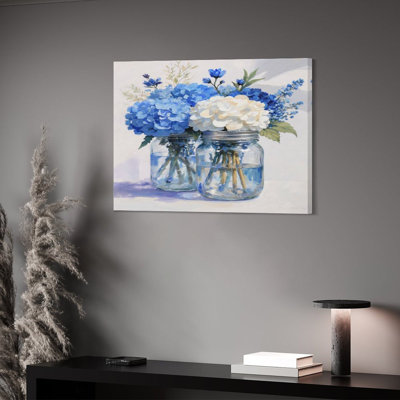 Bouquet d'hortensias bleu / blanc / ton côtier frais, cadre en bois intégré, art mural sur toile, l 20 x l 16