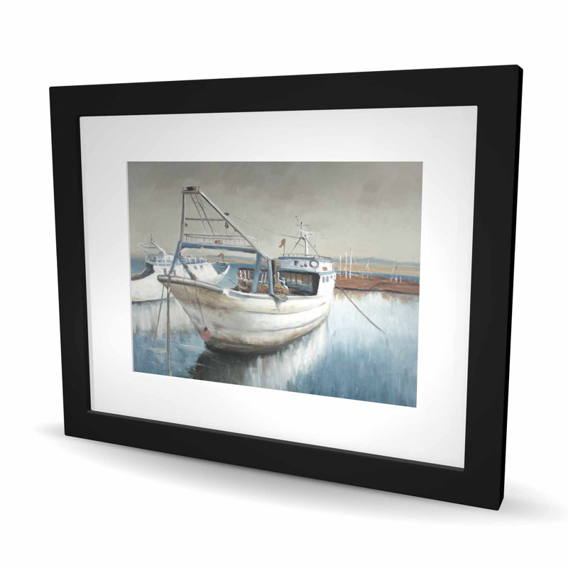 Bateau de pêche désaturé - marine côtière, reproduction d'art encadrée, H 16 po x l 20 po, Bleu/gris, Noir