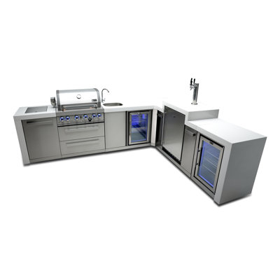 Îlot de cuisine de luxe en acier inoxydable en L de L 120 po x P 98 po avec réfrigérateur + distributeur de bière Kegerator + ensemble de robinet et évier + gril barbecue à 4 brûleurs de 32 po + armoires de rangement + couvercle + convertible au gaz naturel + garantie à vie Mont Monti