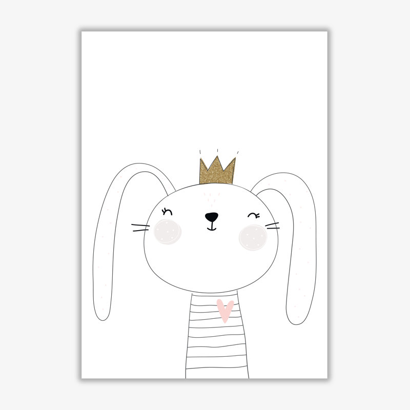 Scandi Cute Bunny With Crown - Painting, No Frame, 30 cm H x 21 cm W x 1 cm D
