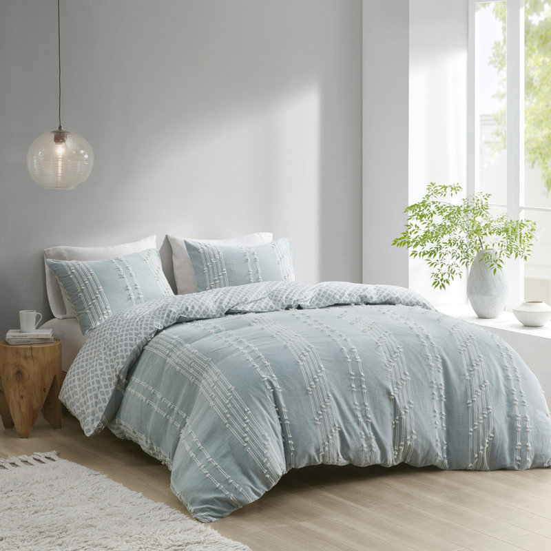 Housse de couette en coton pour lit double/queen, motif à rayures imprimées et attaches aux coins intérieurs, ensemble de 3 pièces.