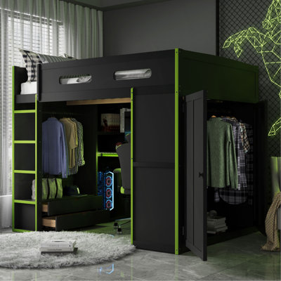 Lit mezzanine double en bois avec bureau, garde-robe, grand espace de rangement et lumière DEL RVB