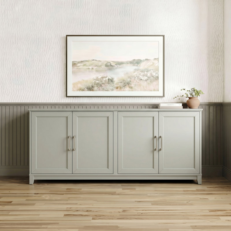 Meuble télé en bois massif à 4 portes Martha Stewart Bedford, Gris