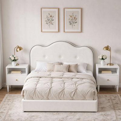 3-Piece Modern Bedroom Set, 1 Velvet Upholstered Bed with Wave Headboard and 2 Nightstands 