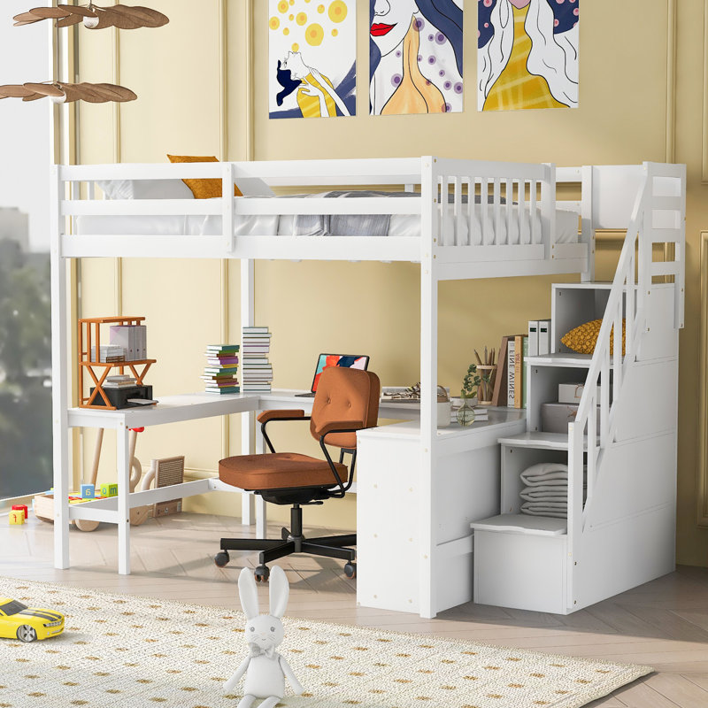 Lit mezzanine double avec bureau en L, rangement et escalier en blanc - Maximisez les tablettes de votre chambre à coucher