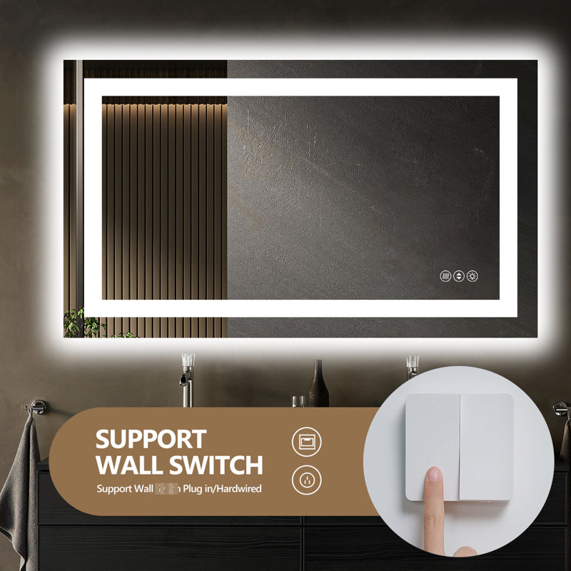Miroir de salle de bain 48 x 40 pouces à DEL avec intensité réglable, température de couleur réglable, fonction de brouillard, compatibilité avec interrupteur mural, verre trempé de 5 mm pour une utilisation sécuritaire avec éclairage, 3 températures