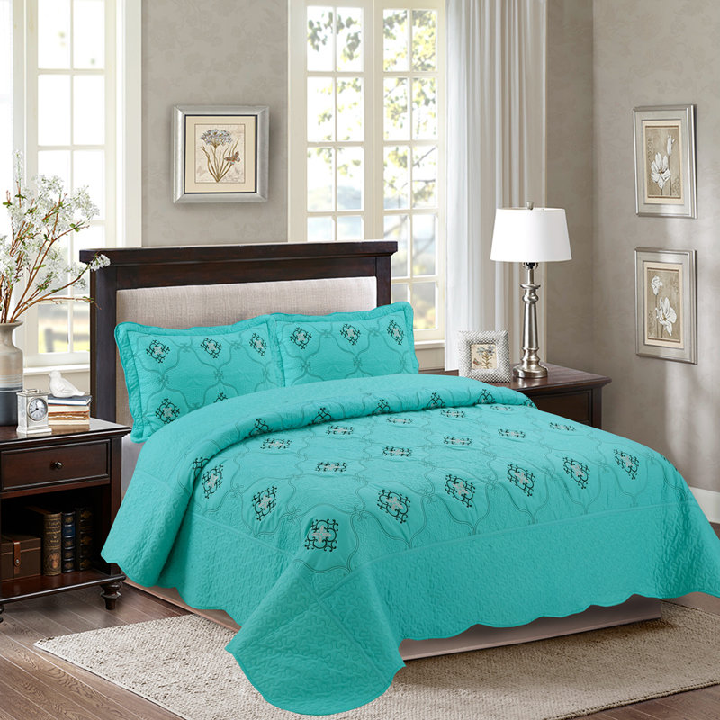 Ensemble de courtepointe réversible en microfibre 3 pièces p-emma, Courtepointe très grand californien + 2 taies, Sarcelle