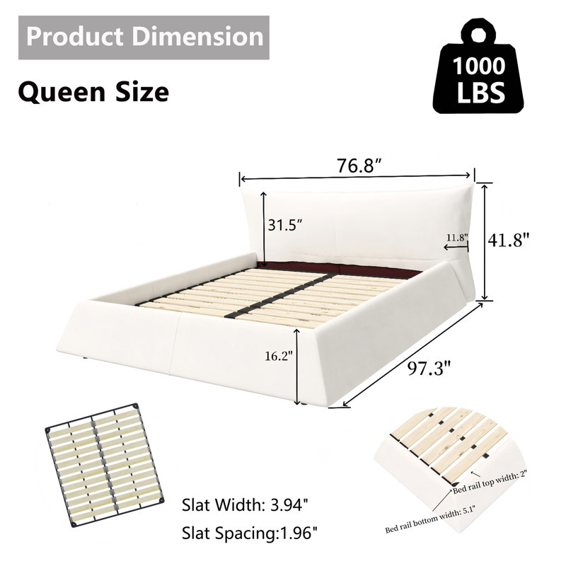 Grand lit, velours crème, lit plateforme tapissier, tête de lit ergonomique surdimensionnée, lattes de lit en pin massif, sans sommier tapissier avec structure et cadre en velours spécial, 24 lattes épaisses pour 1000