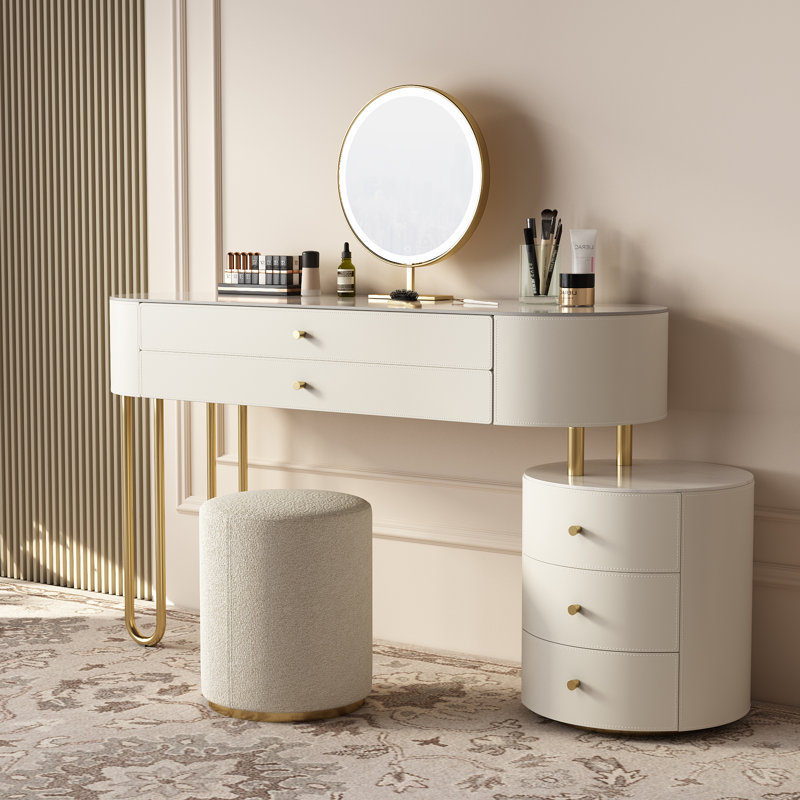 Jahnea Vanity-Elegant Set: Saddle Leather-Finished Top Vanity Table & Stool, Stainless Steel Support, Reversible Installation, and Dimmable LED Mirror