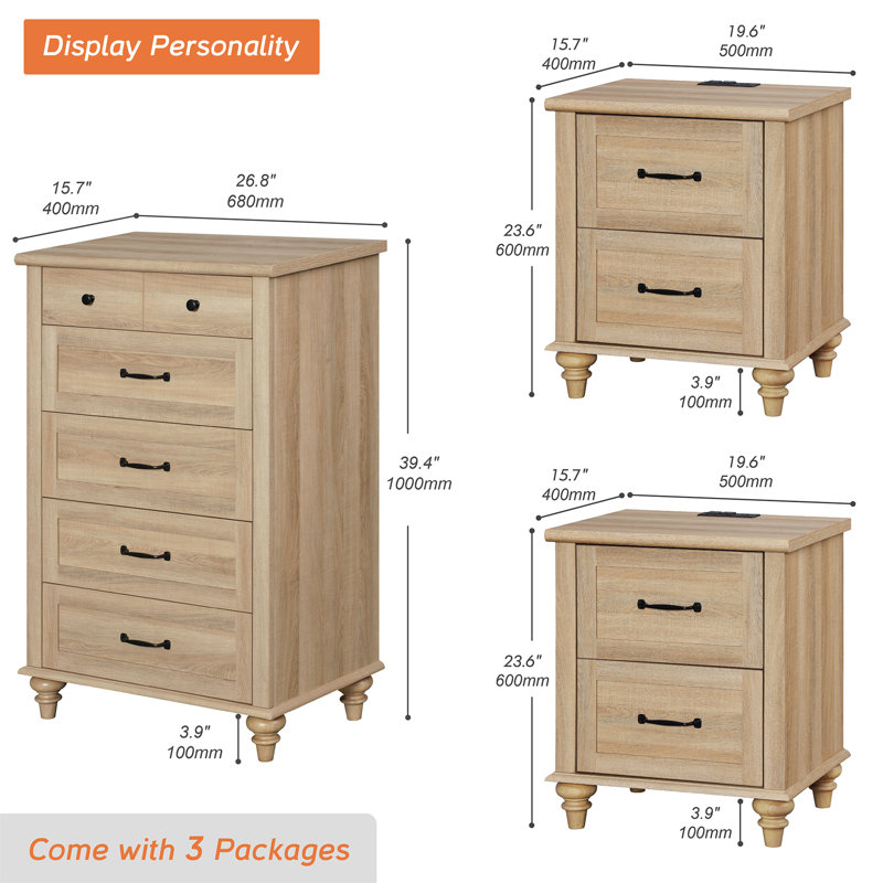 Ensemble de commode et table de chevet 3 pièces 3 pièces, chêne