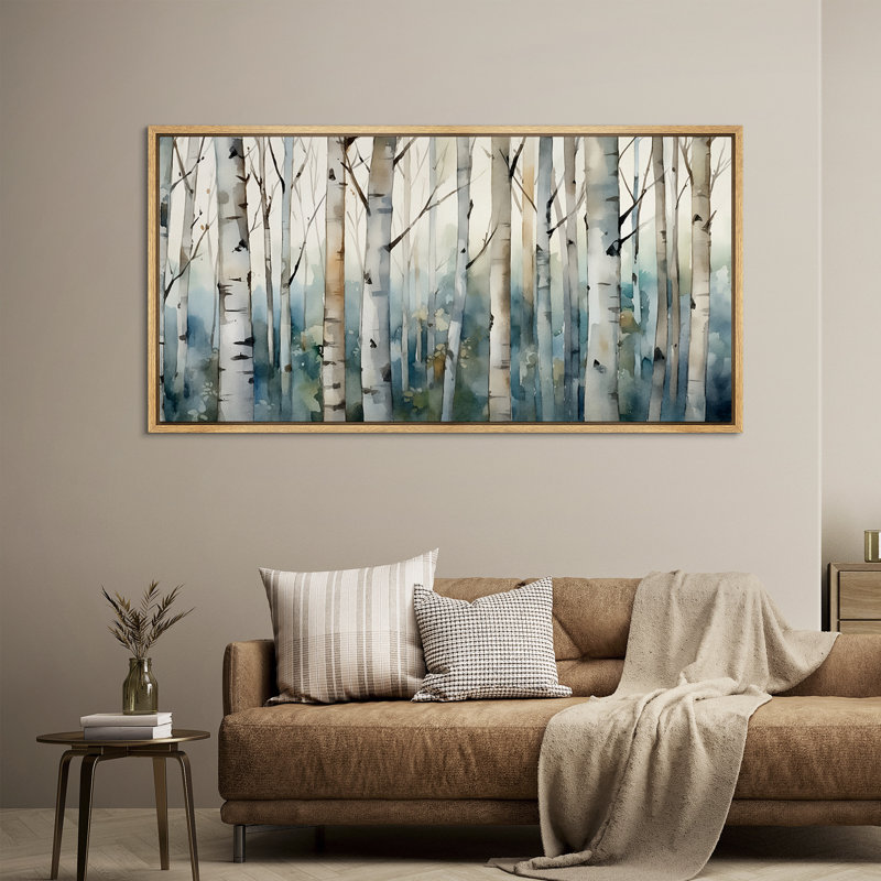 Blue Birch Tree Forest - Oversized Framed Wall Decorations Canvas Print, Natural, 30" H x 60" W