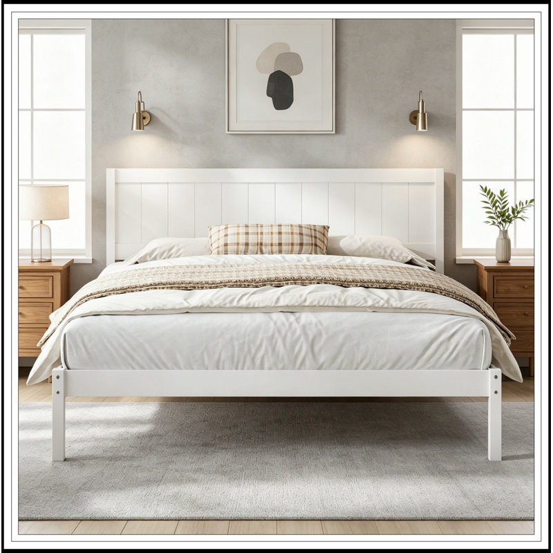 King Platform Bed Frame with Headboard, White