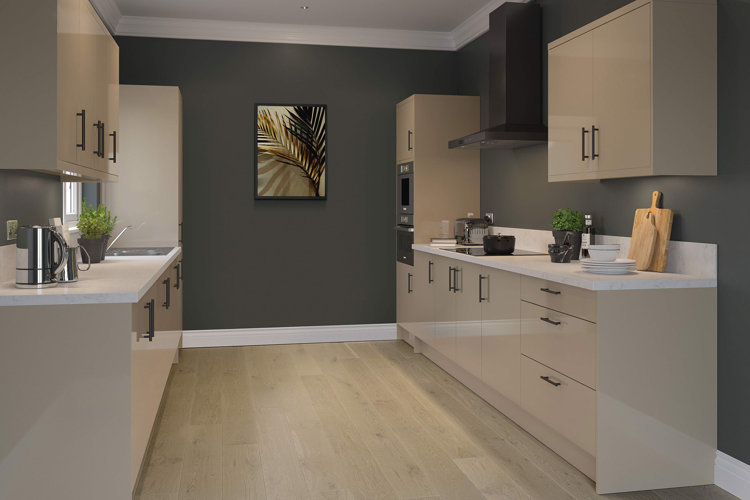 modern white galley kitchen with glossy finishes and metallic appliances